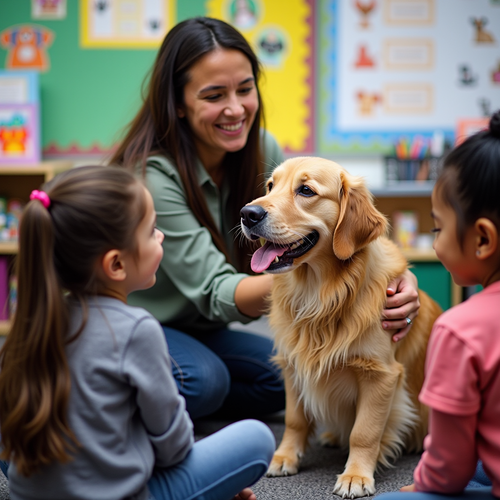 Sha Nini Foundation educator conducting a classroom visit with therapy animals, showing children gently interacting with a calm golden retriever while learning about animal emotions and responsible pet care. The classroom setting includes educational posters about animal welfare, and students are seated in a circle on the floor, displaying engaged and compassionate expressions as they learn proper techniques for approaching and petting animals safely.